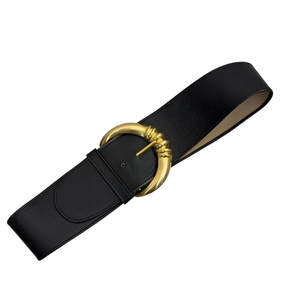 Donna Karan Belt Womens Large Black Leather Wide Waist Gold Buckle Made in Italy